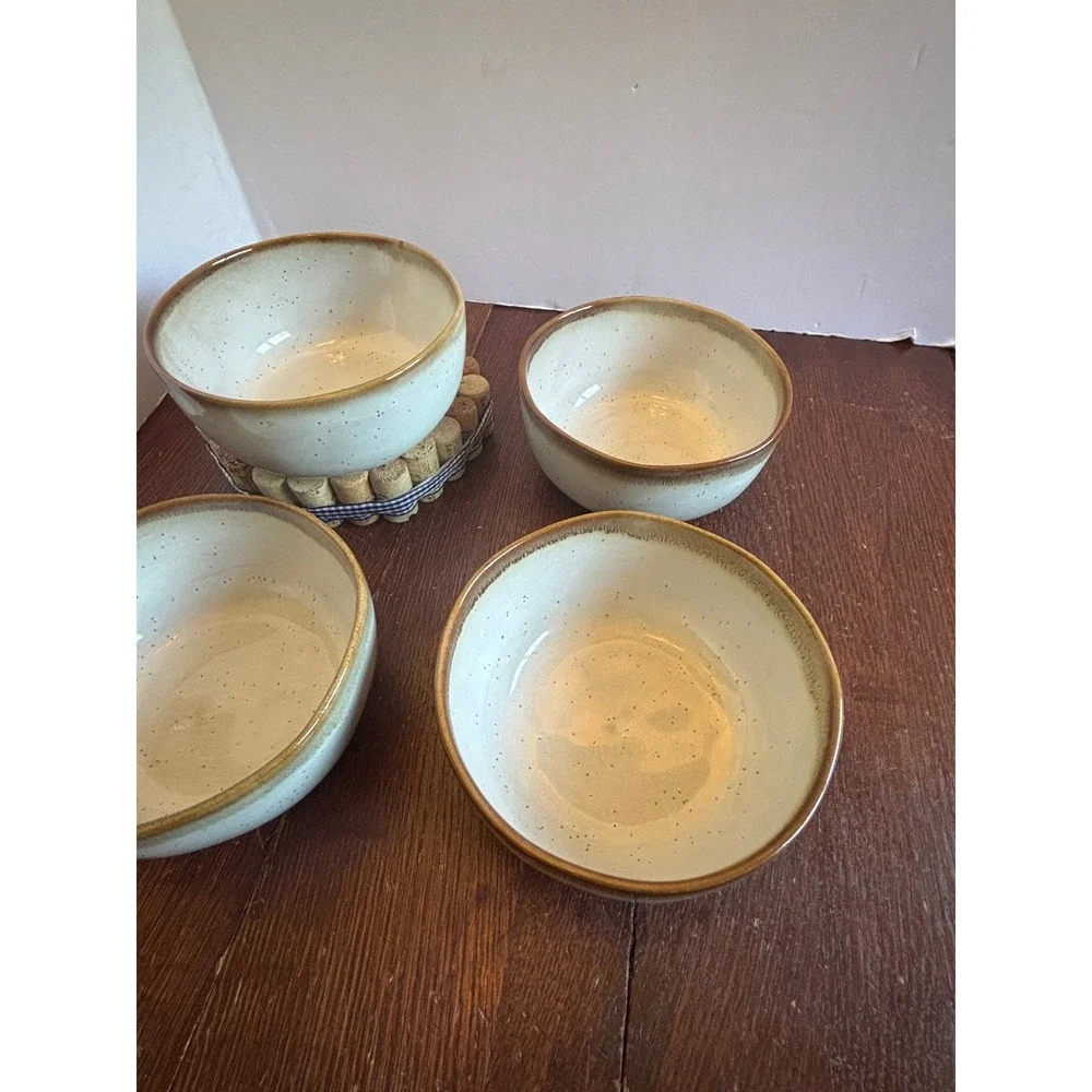 Hearth & Hand with Magnolia Stoneware Cereal Bowls Cream Brown Rim Set of 4